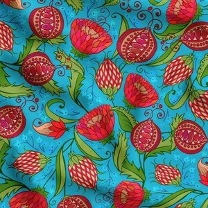 May include: A vibrant floral pattern featuring red and pink flowers, seed pods, and green leaves on a bright blue background. The design has a vintage, botanical feel, with intricate details and a repeating motif.