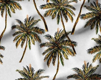 Tela con estampado de palmeras tropicales, diseño botánico vintage, mezcla de algodón y poliéster para decoración del hogar.