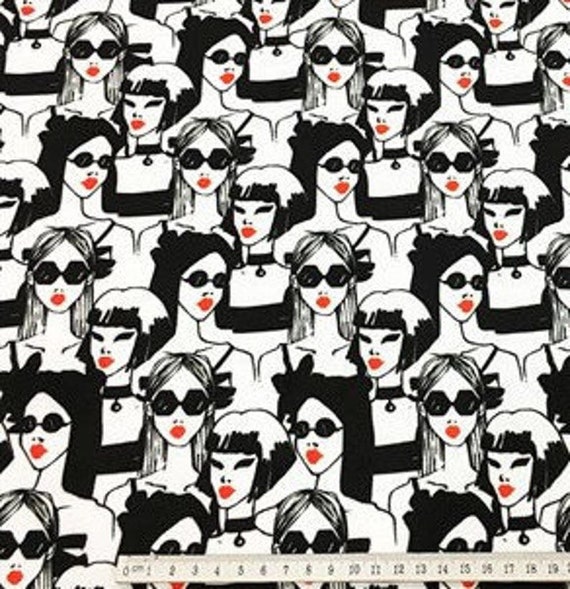 Retro Fashion Illustration Fabric, Black White Red Pop Art Upholstery Material
