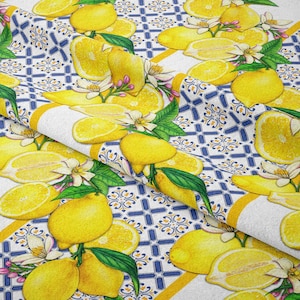 Lemon Print Fabric: Mediterranean Style Upholstery Fabric by the Meter