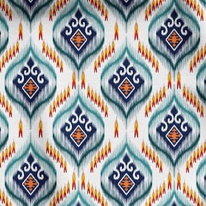 Blue Mustard Colored Ikat Fabric by the meter,Ethnic Pattern Decor Furniture Chair Sofa Upholstery Fabric