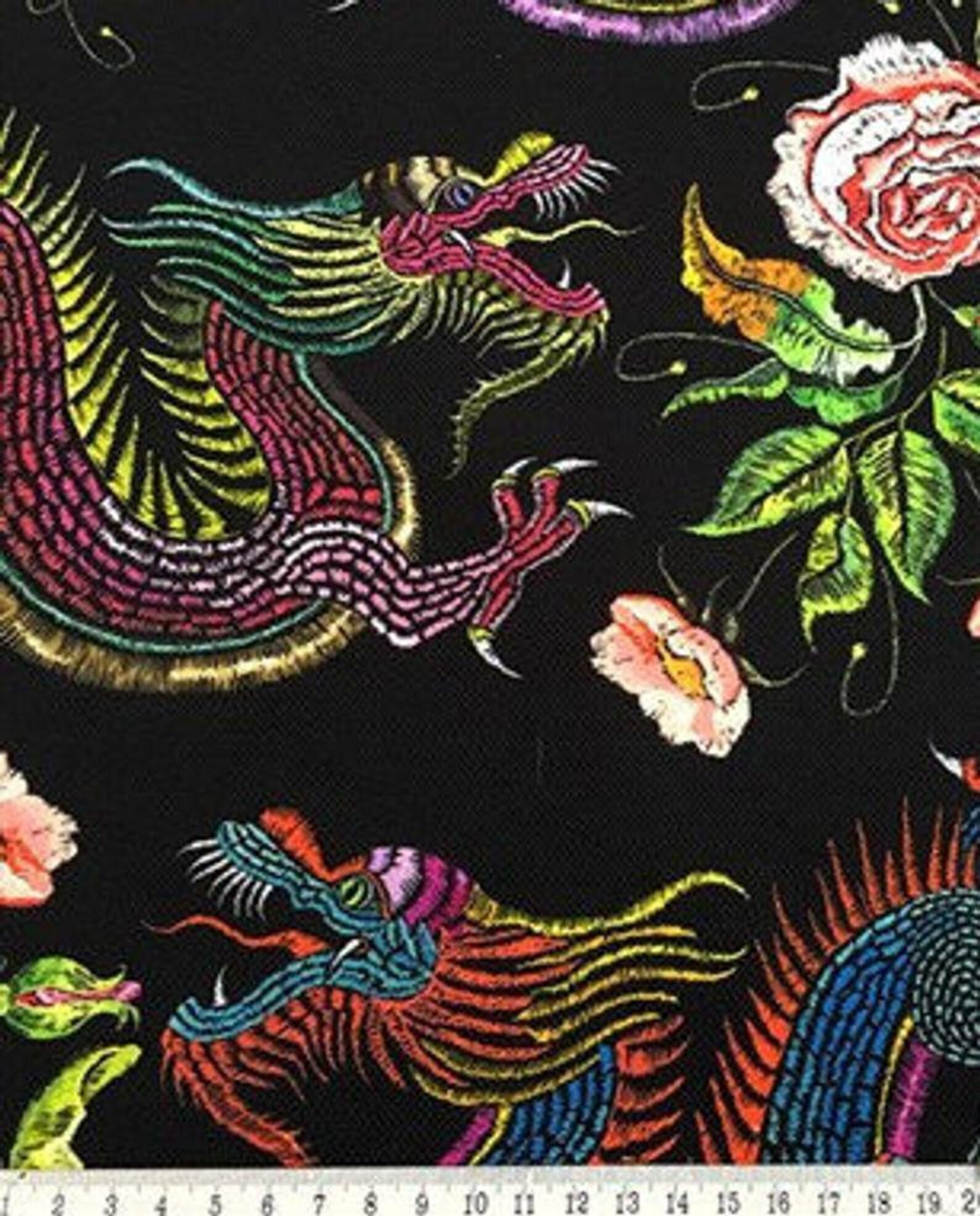 Black Print Dragons Fabric Etsy