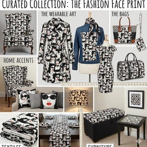 May include: A curated collection featuring a black and white fashion face print. The image showcases various items, including a coat, dress, denim jacket, bags, furniture, textiles, and home accents like pillows and a lamp. The collection includes a wingback chair and a table.