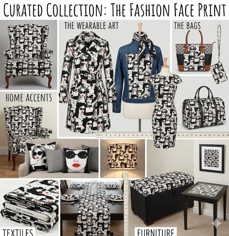 May include: A curated collection featuring a black and white fashion face print. The image showcases various items, including a coat, dress, denim jacket, bags, furniture, textiles, and home accents like pillows and a lamp. The collection includes a wingback chair and a table.