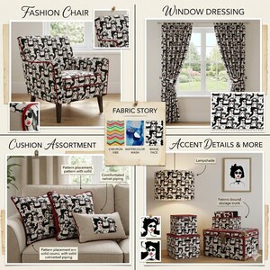 May include: A collection of home decor items featuring a black and white pattern of women's faces. The items include a fashion chair, window curtains, throw pillows, a lampshade, and storage trunks. The text "Fashion Chair", "Window Dressing", "Cushion Assortment", and "Accent Details & More" are visible.