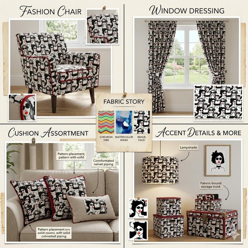 May include: A collection of home decor items featuring a black and white pattern of women's faces. The items include a fashion chair, window curtains, throw pillows, a lampshade, and storage trunks. The text "Fashion Chair", "Window Dressing", "Cushion Assortment", and "Accent Details & More" are visible.