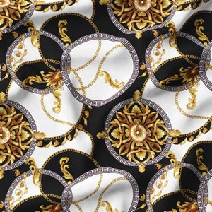 Greek Key Circles with Gold Chains Print Fabric by the Meter, Elegant Fabric Decor Furniture Chair Sofa Upholstery Fabric