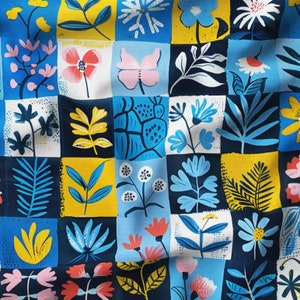 May include: A colorful floral pattern featuring a grid of squares with various flower and leaf designs. The design incorporates shades of blue, yellow, pink, and white, creating a vibrant and artistic textile pattern.