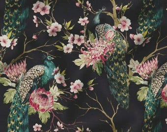 Dunkler botanischer Pfau Kirschblüten-Stoff, Chinoiserie-Polsterstoff, lose Ware