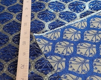 Royal Blue Jacquard Chenille Fabric, Silver Gold Medallion Damask Upholstery (By the Yard)