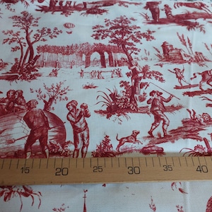 Red Toile de Jouy Upholstery Fabric: Digital Print Microfiber