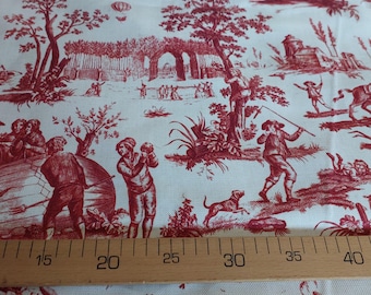 Red Toile de Jouy Fabric, French Country Pastoral Scene, Polyester Upholstery Material