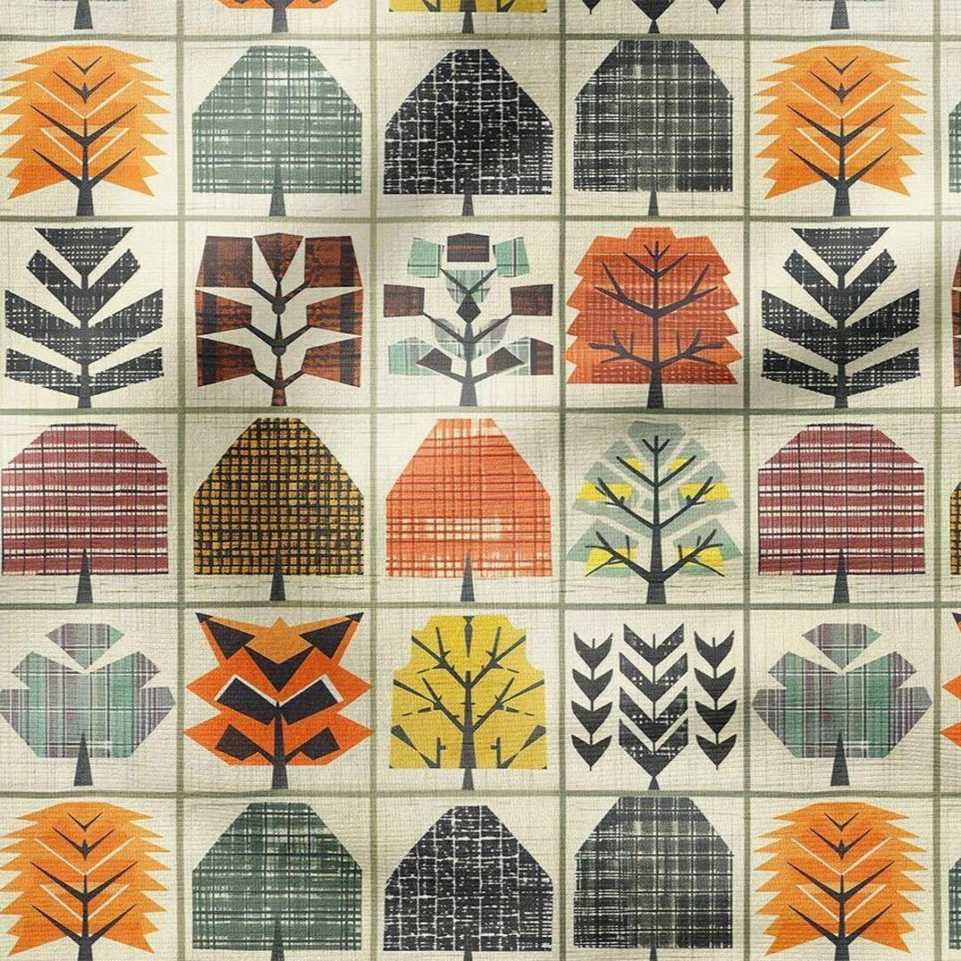 Mid Century Modern Tree Fabric by the Yard, Retro Geometric Forest ...