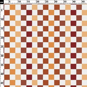 K&ouml;nnte beinhalten: Nahaufnahme eines Stoffes mit Schachbrettmuster. Die Quadrate wechseln sich in Wei&szlig;, Oranget&ouml;nen, Braun und Burgunder ab. Das Bild enth&auml;lt ein Lineal mit Zentimetermessungen.