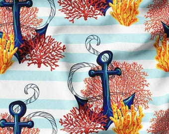 Nautical Anchor Coral Fabric, Navy Blau Marine Life Print, Küstenpolsterei
