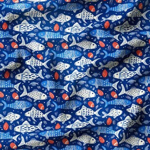 May include: A fabric with a repeating pattern of stylized fish in white and blue against a deep blue background. The design includes small red seashell illustrations and fish bones, creating a nautical theme.