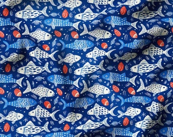 Nautical Fish Shells Fabric by Meter, Coastal Upholstery Textile, Beach House Decor