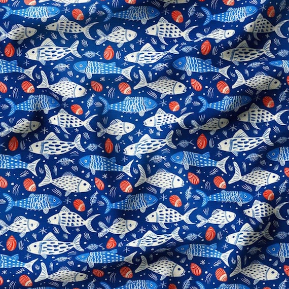 Nautical Fish Shells Fabric by Meter, Coastal Upholstery Textile, Beach House Decor