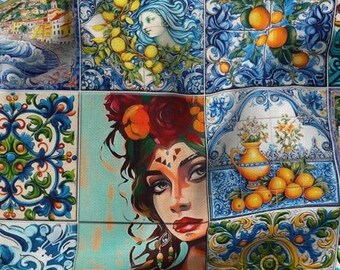 Sicilian Majolica Fabric by Yard, Mediterranean Tile Lemon Upholstery Textile
