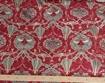 Burgundy Ottoman Tulip Jacquard Fabric by Yard, Traditional Floral Upholstery Textile