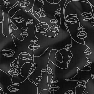 Pop Art Upholstery Fabric: Drawn Girls Print, Black Polyester, By The Meter