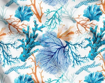 Blue Orange Coral Upholstery Fabric: Nautical Marine Decor by the Meter