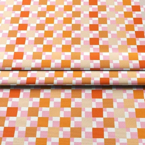 Retro Pink Orange Checkerboard Fabric, 70s Groovy Mosaic Pattern, Cotton Poly Blend (56" Wide)