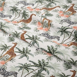 Zebras,Giraffes,Palms Print Fabric by the Meter,Tropical Floral Pattern Fabric Decor Furniture Chair Sofa Upholstery Fabric