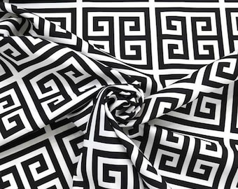 Black White Greek Key Fabric, Modern Geometric Meander Upholstery, Minimalist Pattern for Pillows