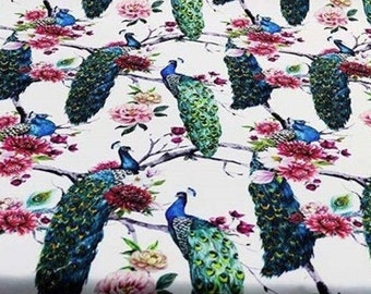 Peacock Floral Fabric by Yard, Royal Blue Bird Upholstery Textile, Botanical Garden Print
