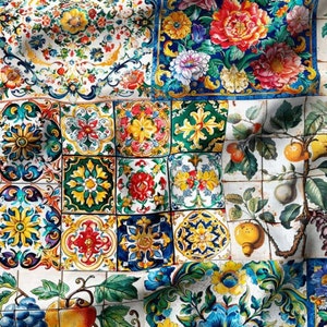 Floral Patchwork Fabric: Flowers, Lemons, Ceramic Tiles Print - Upholstery Fabric