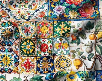 Majolica Tile Print Fabric, Mediterranean Floral Patchwork, Sicilian Style Upholstery, Cotton Blend