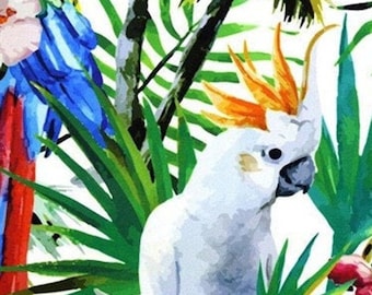 Tropische papegaaistof op maat gesneden, exotische vogel bloemen junglepatroon, polyester naaimateriaal