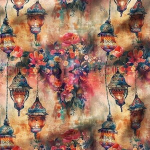 Floral Lantern Print Fabric: Polyester Upholstery Fabric By The Meter