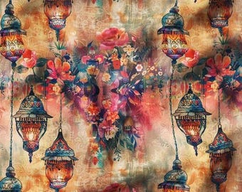 Floral Lantern Print Fabric: Polyester Upholstery Fabric By The Meter