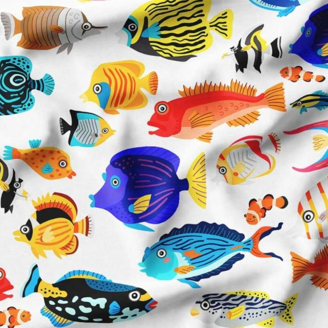 Colorful Tropical Fish Fabric, Coral Reef Sea Life Textile, Nautical ...