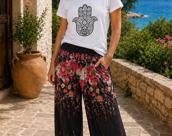 Bohotusk Black Floral Print Elasticated Smocked Waist Womens Harem Pants S/M to 4XL