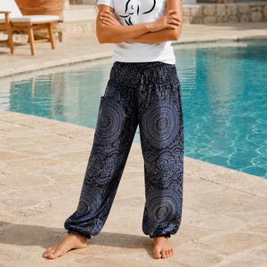 Bohotusk Kids 9-12 Years Black Night Glow Print Elasticated Smocked Waist Harem Pants