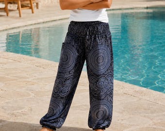 Bohotusk Kids 9-12 Years Black Night Glow Print Elasticated Smocked Waist Harem Pants