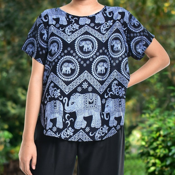 Bohotusk Blue Elephant Tusker Short Sleeved Top Boho Style Loose Fitting S M L