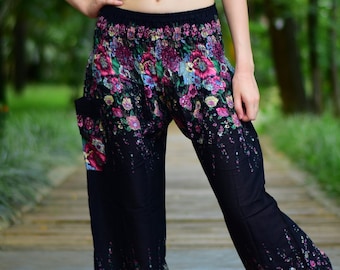 Meikosks Ladies Loose Pocket Harem Pants Floral Print Pants Oversized Casual Trousers Wide Leg Pants