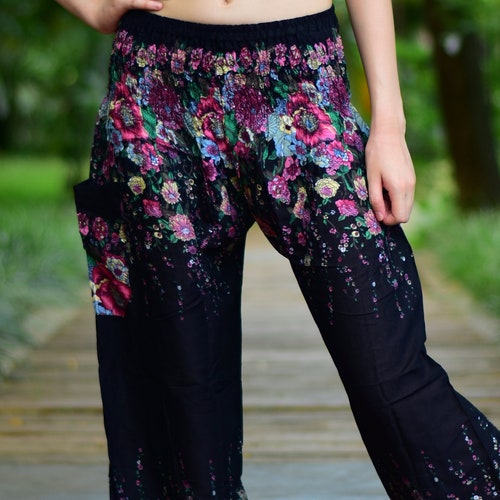 Bohotusk Floral Print Elasticated Smocked Waist Womens Harem Pants