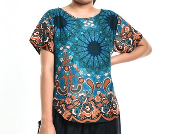 Bohotusk Green Teardrop Splash Print Short Sleeved Top Boho Style Loose Fitting S M L