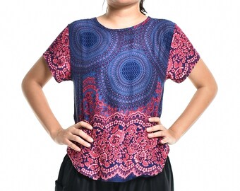 Bohotusk Purple Blue Rose Spheres Short Sleeved Top Boho Style Loose Fitting S M L