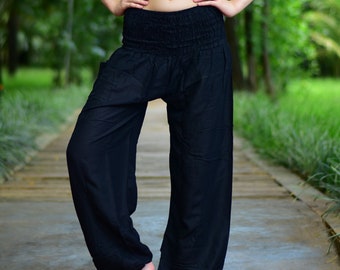 Bohotusk Plain Black Cotton Autumn Winter Harem Pants 2 Sizes Available SM, LXL or 2XL/3XL Hand Made in Thailand Stock In UK