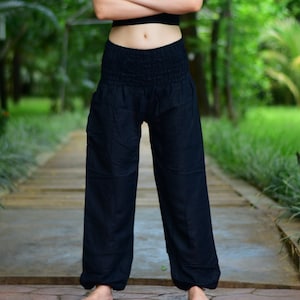 Bohotusk Kids Girls Plain Black Elasticated Smocked Waist Harem Pants 3 Sizes Age 6 to 15 Years image 1