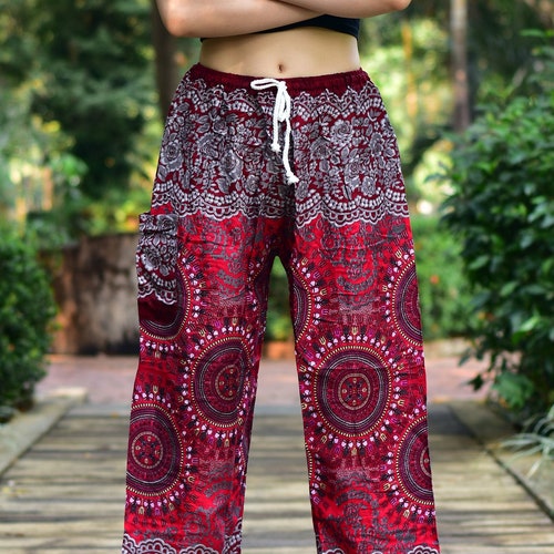 Bohotusk Womens Red Sun Beam Print Harem Pants Tie Waist S/M - Etsy