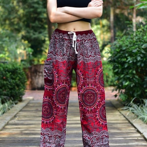 Bohotusk Womens Red Sun Beam Print Harem Pants Tie Waist S/M to 3XL Donation to Elephant Sanctuary with every Sale