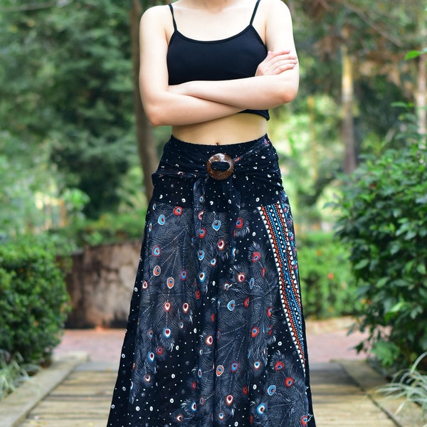 Bohotusk Black Peacock Long Skirt With Coconut Buckle (& Strapless Dress) 2 in 1 Style S/M to 3XL