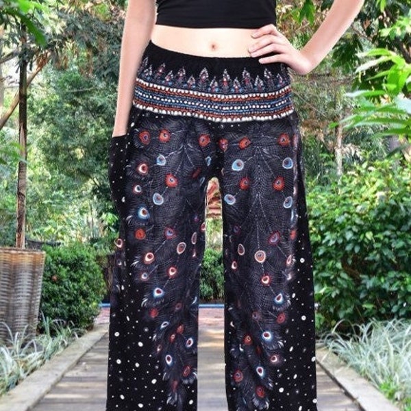 Bohotusk Black Peacock Print Smocked Elasticated Waist Harem Pants S/M Only Hand Made in Thailand Stock In UK